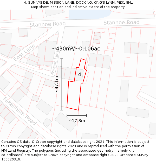 4, SUNNYSIDE, MISSION LANE, DOCKING, KING'S LYNN, PE31 8NL: Plot and title map