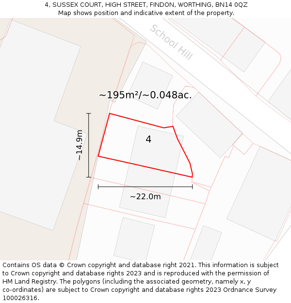4, SUSSEX COURT, HIGH STREET, FINDON, WORTHING, BN14 0QZ: Plot and title map
