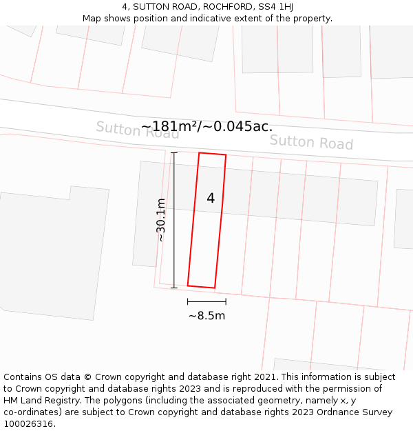 4, SUTTON ROAD, ROCHFORD, SS4 1HJ: Plot and title map
