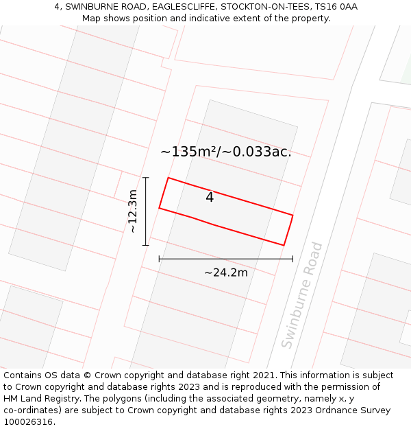4, SWINBURNE ROAD, EAGLESCLIFFE, STOCKTON-ON-TEES, TS16 0AA: Plot and title map