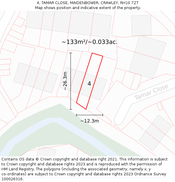 4, TAMAR CLOSE, MAIDENBOWER, CRAWLEY, RH10 7ZT: Plot and title map