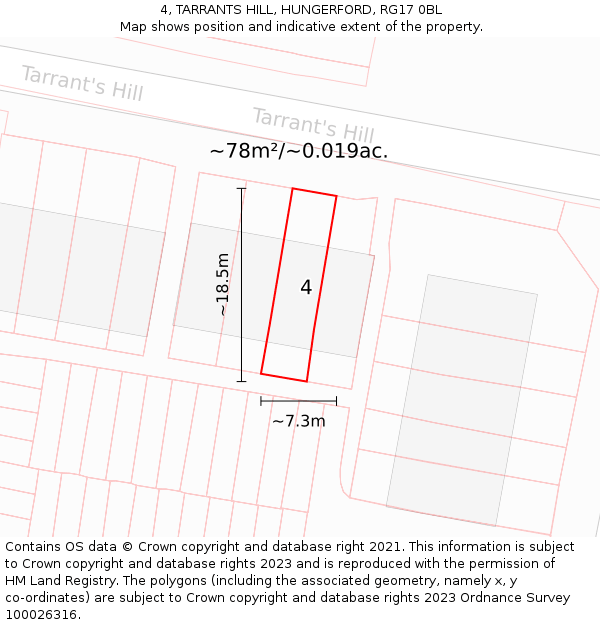 4, TARRANTS HILL, HUNGERFORD, RG17 0BL: Plot and title map