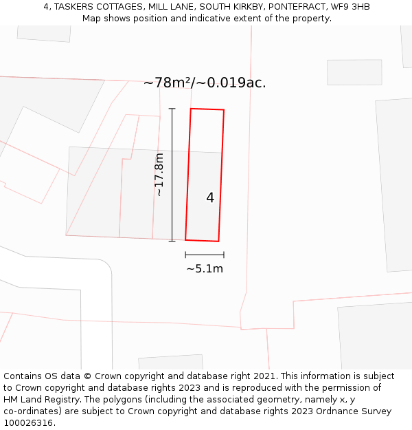 4, TASKERS COTTAGES, MILL LANE, SOUTH KIRKBY, PONTEFRACT, WF9 3HB: Plot and title map