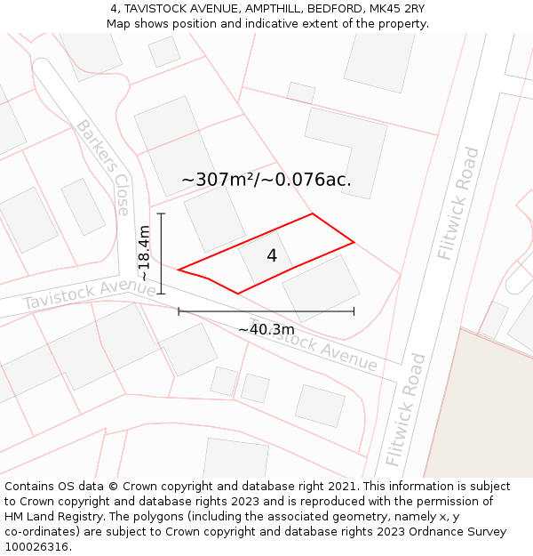4, TAVISTOCK AVENUE, AMPTHILL, BEDFORD, MK45 2RY: Plot and title map