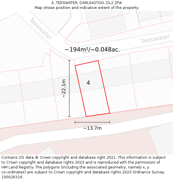 4, TEESWATER, DARLINGTON, DL2 2FW: Plot and title map