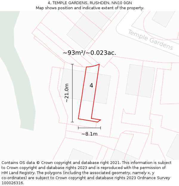 4, TEMPLE GARDENS, RUSHDEN, NN10 0GN: Plot and title map