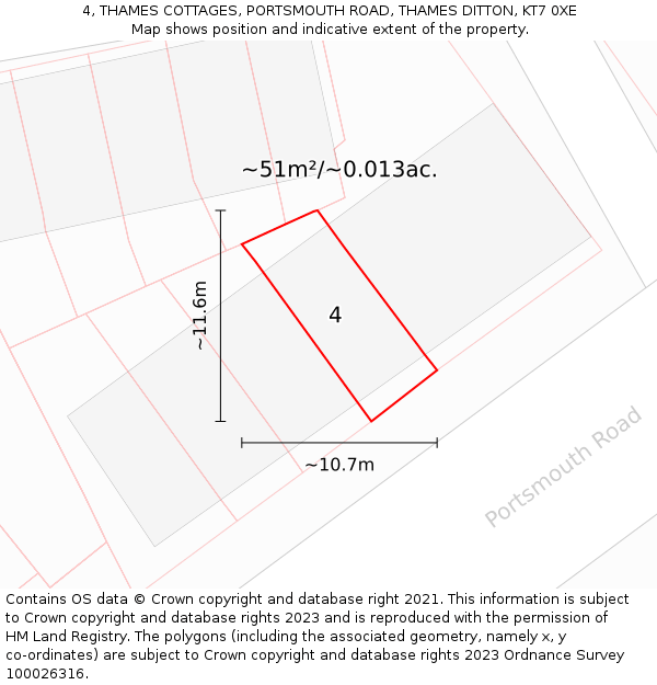 4, THAMES COTTAGES, PORTSMOUTH ROAD, THAMES DITTON, KT7 0XE: Plot and title map