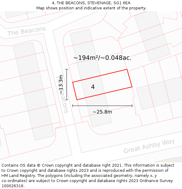 4, THE BEACONS, STEVENAGE, SG1 6EA: Plot and title map