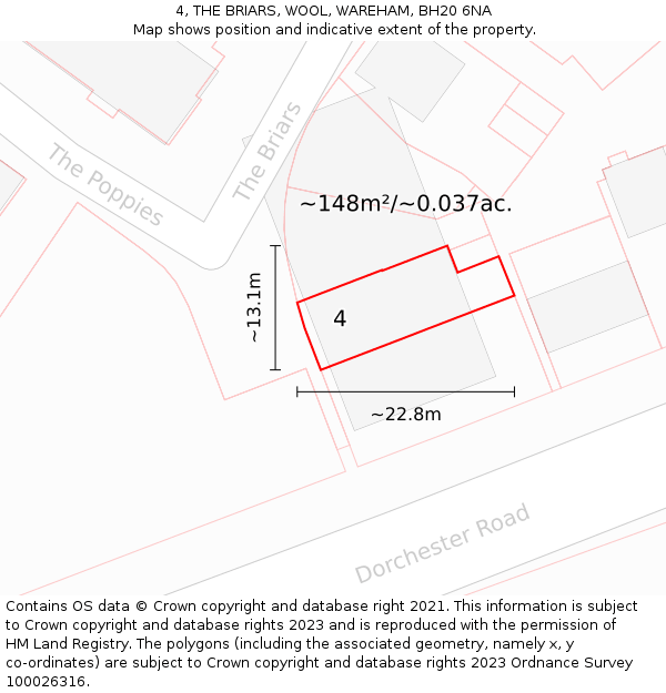 4, THE BRIARS, WOOL, WAREHAM, BH20 6NA: Plot and title map