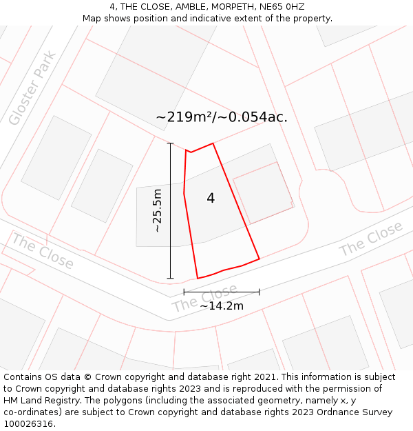 4, THE CLOSE, AMBLE, MORPETH, NE65 0HZ: Plot and title map