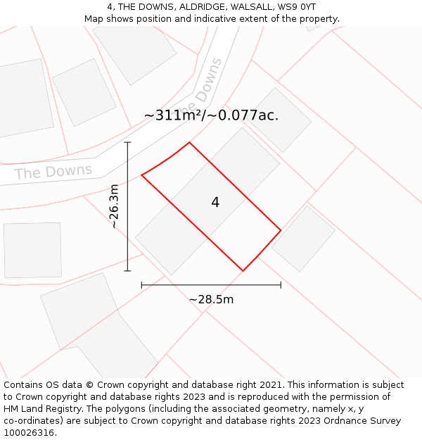 4, THE DOWNS, ALDRIDGE, WALSALL, WS9 0YT: Plot and title map