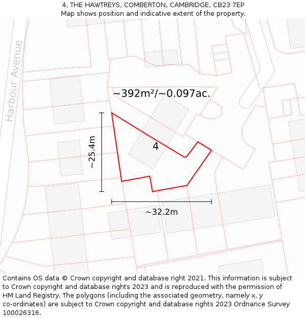 4, THE HAWTREYS, COMBERTON, CAMBRIDGE, CB23 7EP: Plot and title map