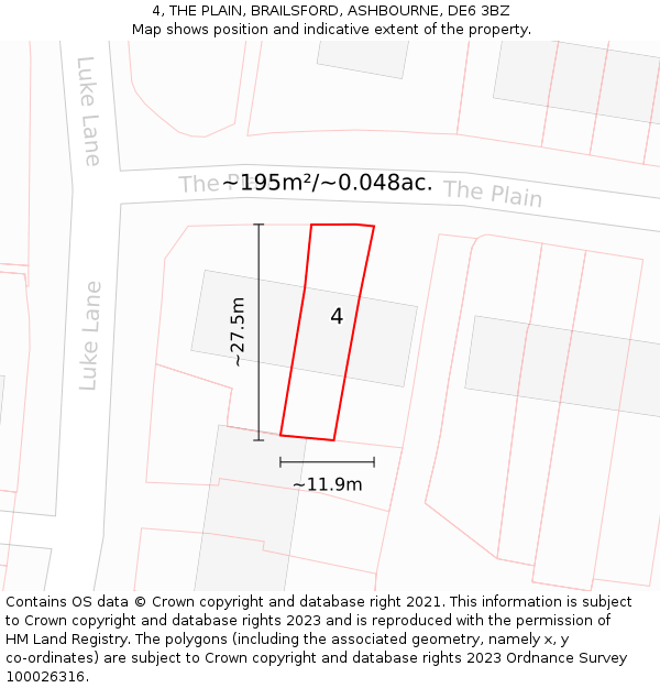 4, THE PLAIN, BRAILSFORD, ASHBOURNE, DE6 3BZ: Plot and title map