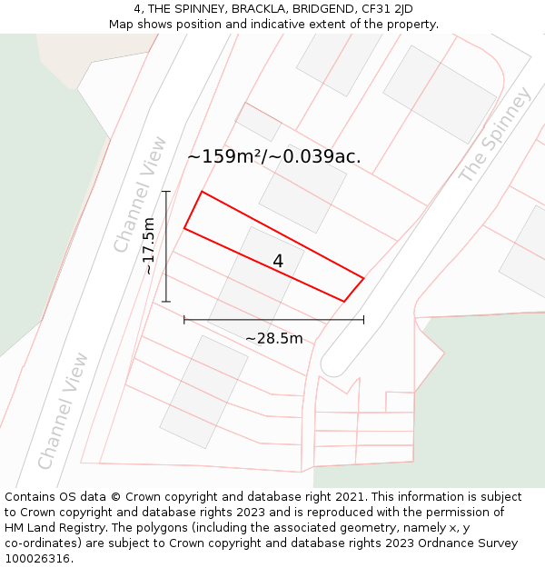 4, THE SPINNEY, BRACKLA, BRIDGEND, CF31 2JD: Plot and title map