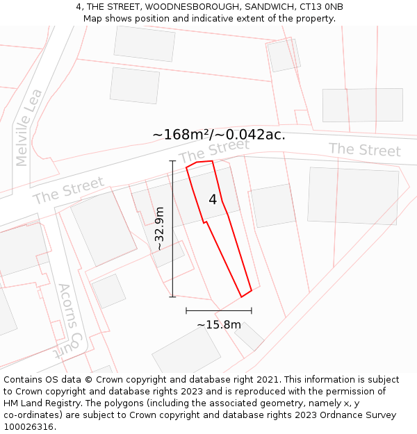 4, THE STREET, WOODNESBOROUGH, SANDWICH, CT13 0NB: Plot and title map