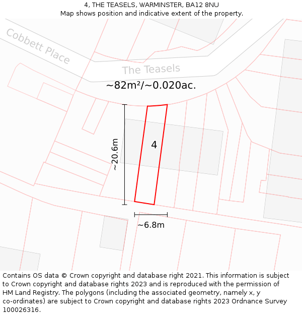 4, THE TEASELS, WARMINSTER, BA12 8NU: Plot and title map