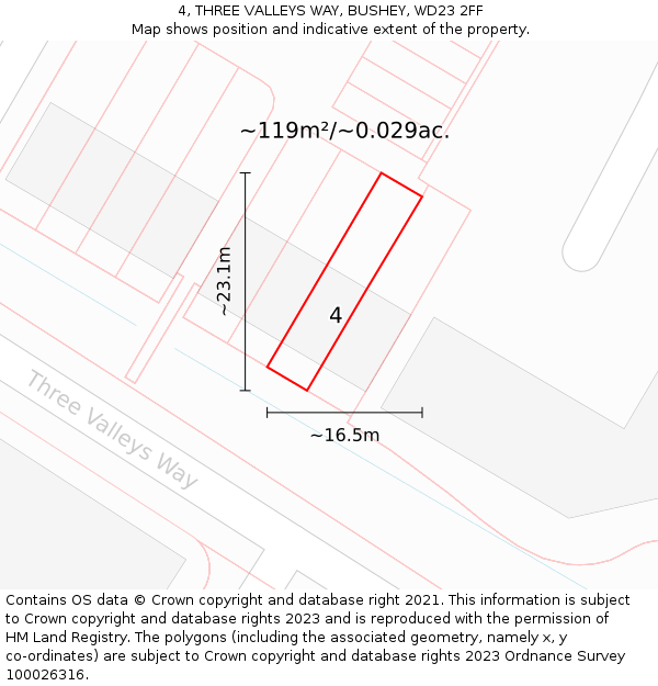 4, THREE VALLEYS WAY, BUSHEY, WD23 2FF: Plot and title map