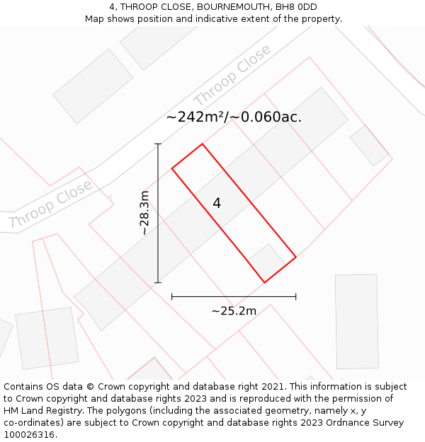 4, THROOP CLOSE, BOURNEMOUTH, BH8 0DD: Plot and title map