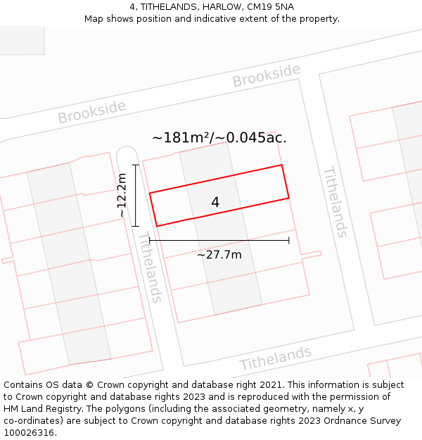 4, TITHELANDS, HARLOW, CM19 5NA: Plot and title map