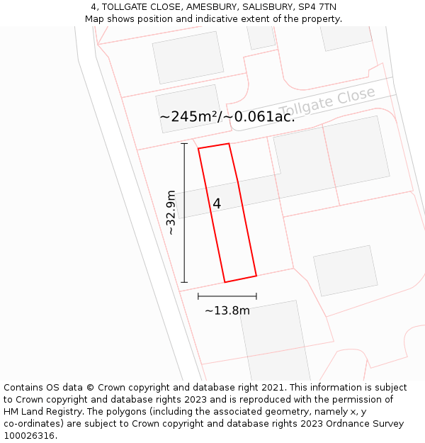 4, TOLLGATE CLOSE, AMESBURY, SALISBURY, SP4 7TN: Plot and title map