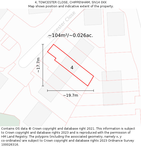 4, TOWCESTER CLOSE, CHIPPENHAM, SN14 0XX: Plot and title map