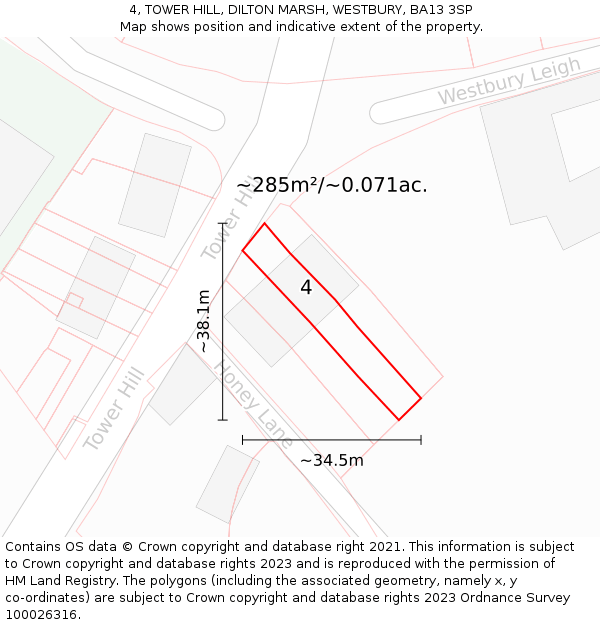 4, TOWER HILL, DILTON MARSH, WESTBURY, BA13 3SP: Plot and title map