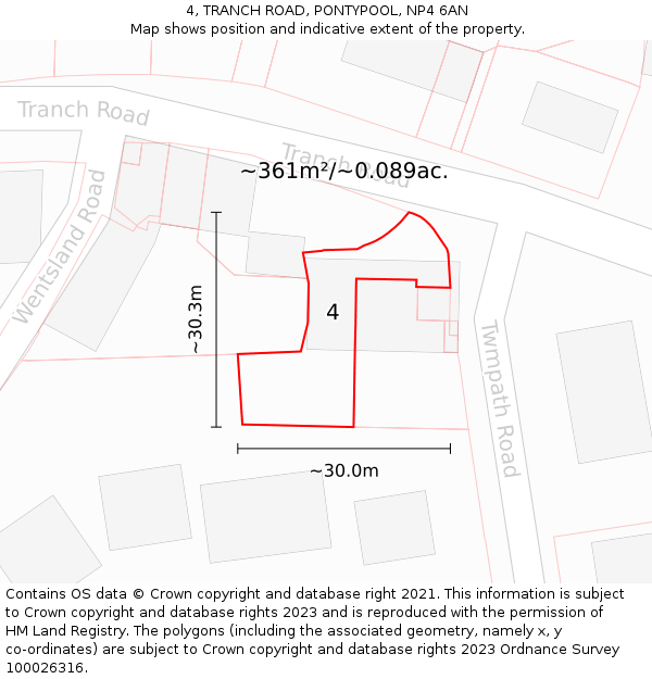 4, TRANCH ROAD, PONTYPOOL, NP4 6AN: Plot and title map