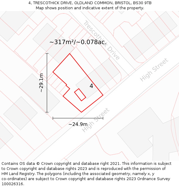 4, TRESCOTHICK DRIVE, OLDLAND COMMON, BRISTOL, BS30 9TB: Plot and title map