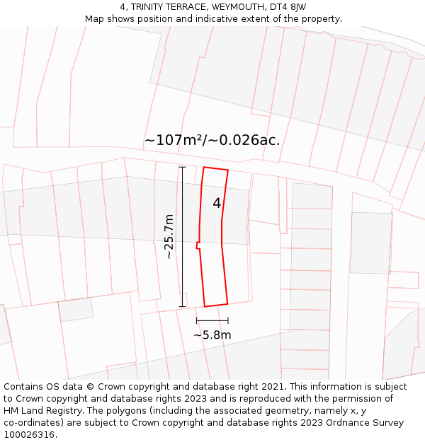 4, TRINITY TERRACE, WEYMOUTH, DT4 8JW: Plot and title map