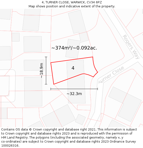 4, TURNER CLOSE, WARWICK, CV34 6PZ: Plot and title map