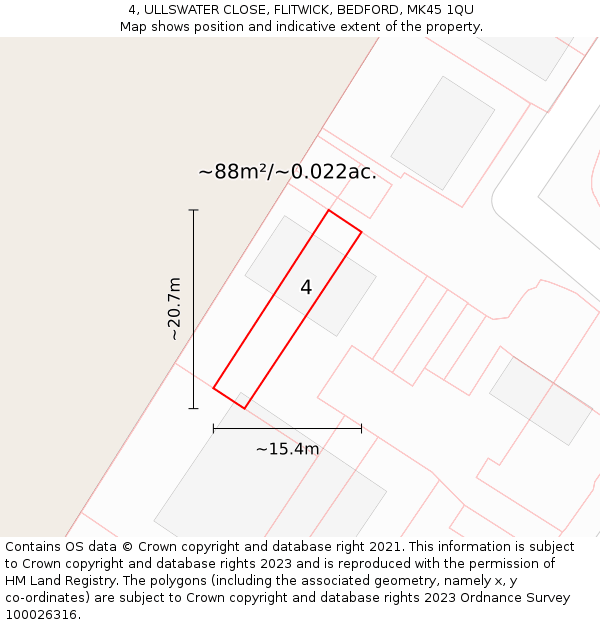 4, ULLSWATER CLOSE, FLITWICK, BEDFORD, MK45 1QU: Plot and title map