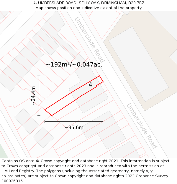 4, UMBERSLADE ROAD, SELLY OAK, BIRMINGHAM, B29 7RZ: Plot and title map