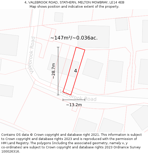 4, VALEBROOK ROAD, STATHERN, MELTON MOWBRAY, LE14 4EB: Plot and title map