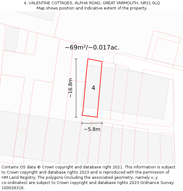 4, VALENTINE COTTAGES, ALPHA ROAD, GREAT YARMOUTH, NR31 0LQ: Plot and title map