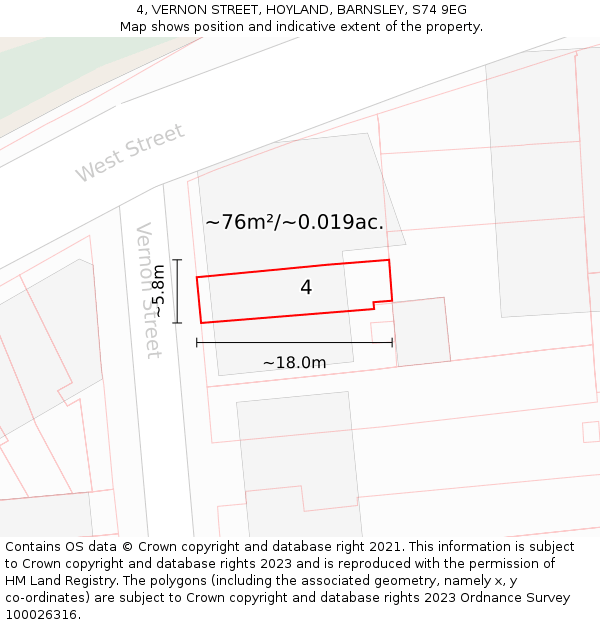 4, VERNON STREET, HOYLAND, BARNSLEY, S74 9EG: Plot and title map