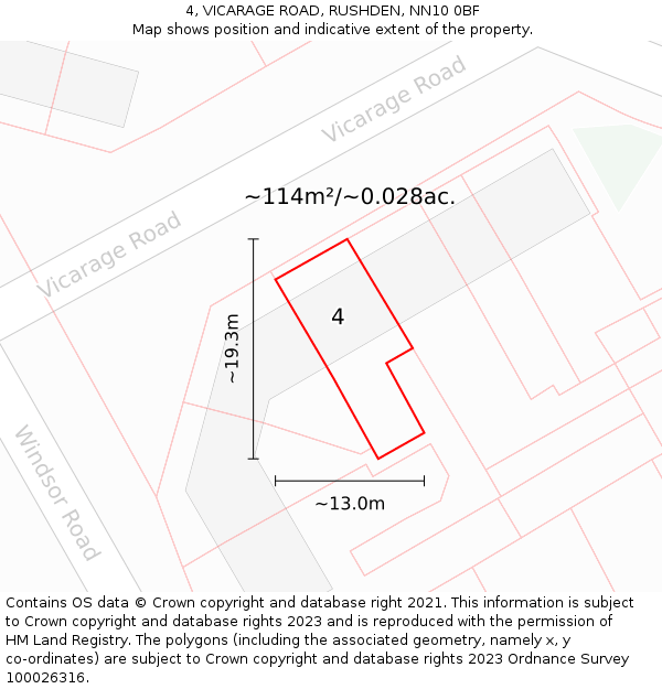 4, VICARAGE ROAD, RUSHDEN, NN10 0BF: Plot and title map