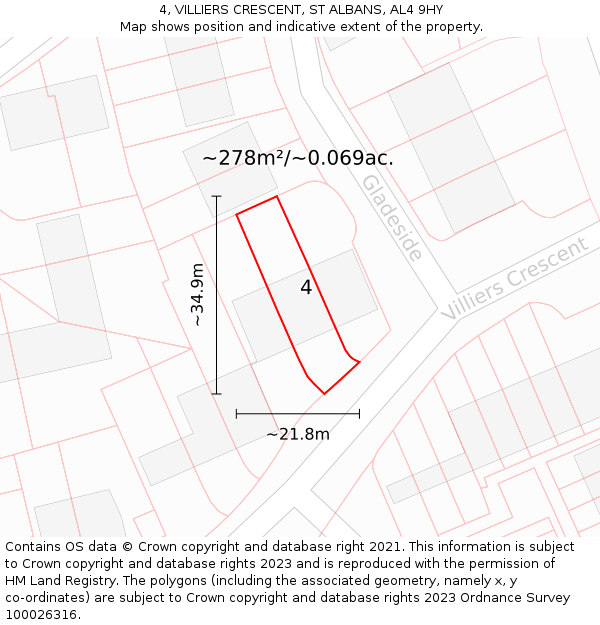 4, VILLIERS CRESCENT, ST ALBANS, AL4 9HY: Plot and title map