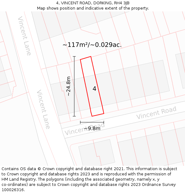 4, VINCENT ROAD, DORKING, RH4 3JB: Plot and title map
