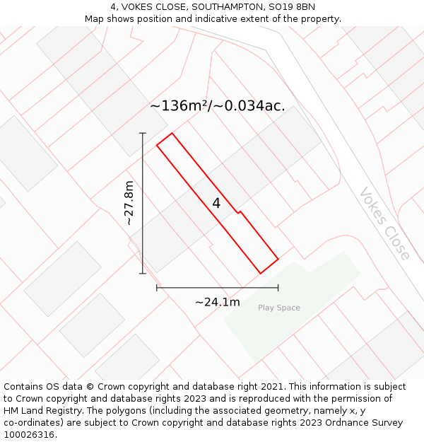 4, VOKES CLOSE, SOUTHAMPTON, SO19 8BN: Plot and title map