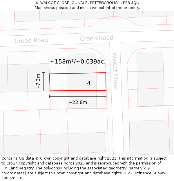 4, WALCOT CLOSE, OUNDLE, PETERBOROUGH, PE8 4QU: Plot and title map