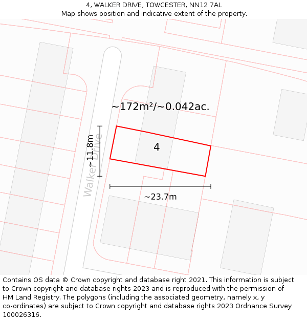 4, WALKER DRIVE, TOWCESTER, NN12 7AL: Plot and title map