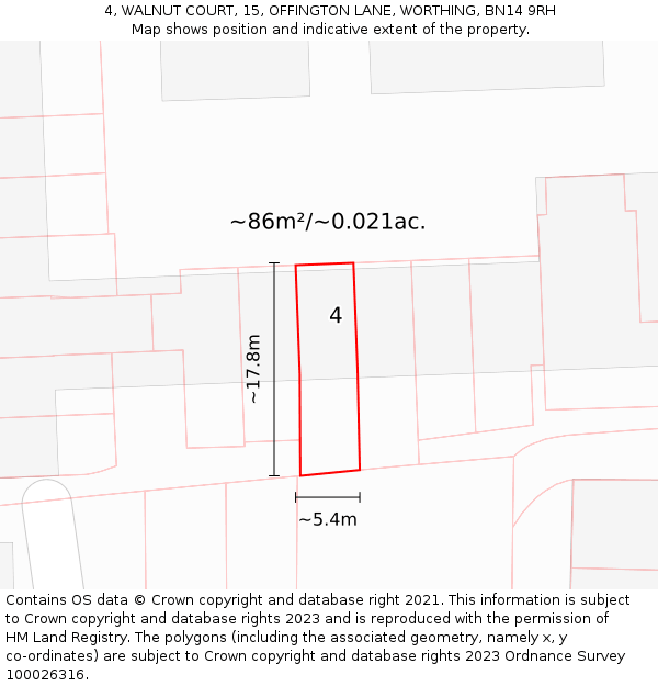 4, WALNUT COURT, 15, OFFINGTON LANE, WORTHING, BN14 9RH: Plot and title map