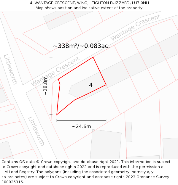 4, WANTAGE CRESCENT, WING, LEIGHTON BUZZARD, LU7 0NH: Plot and title map