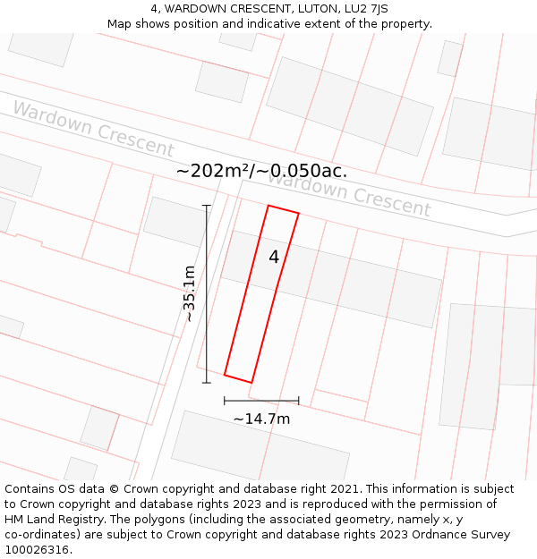 4, WARDOWN CRESCENT, LUTON, LU2 7JS: Plot and title map