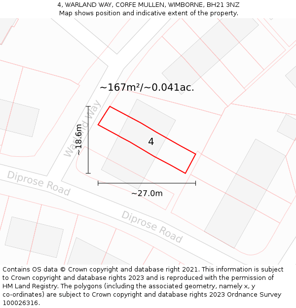 4, WARLAND WAY, CORFE MULLEN, WIMBORNE, BH21 3NZ: Plot and title map