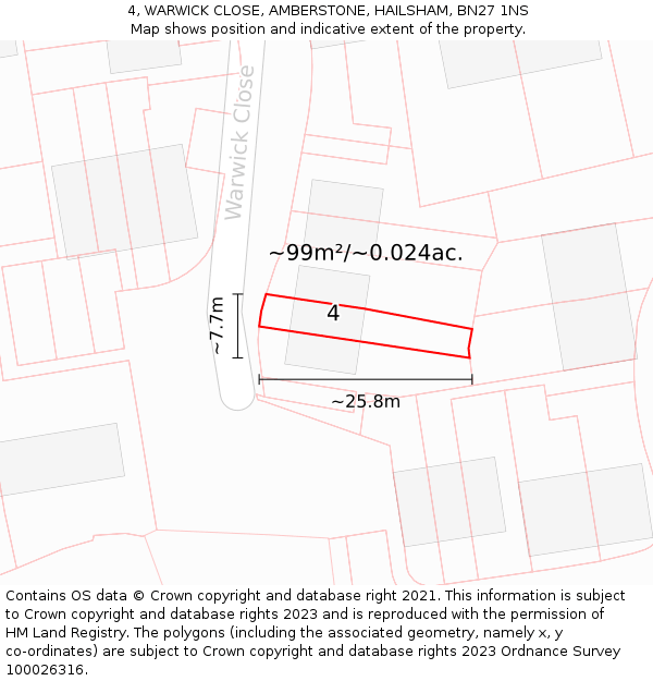 4, WARWICK CLOSE, AMBERSTONE, HAILSHAM, BN27 1NS: Plot and title map
