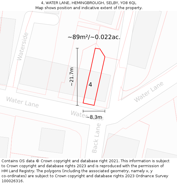 4, WATER LANE, HEMINGBROUGH, SELBY, YO8 6QL: Plot and title map