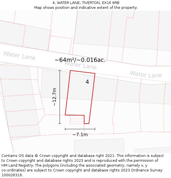 4, WATER LANE, TIVERTON, EX16 6RB: Plot and title map