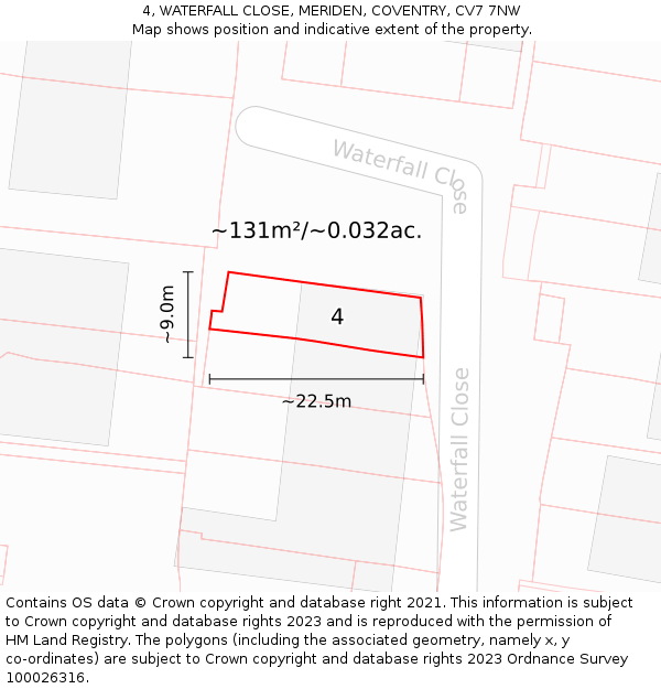 4, WATERFALL CLOSE, MERIDEN, COVENTRY, CV7 7NW: Plot and title map
