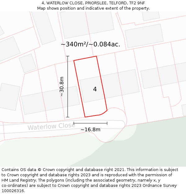 4, WATERLOW CLOSE, PRIORSLEE, TELFORD, TF2 9NF: Plot and title map